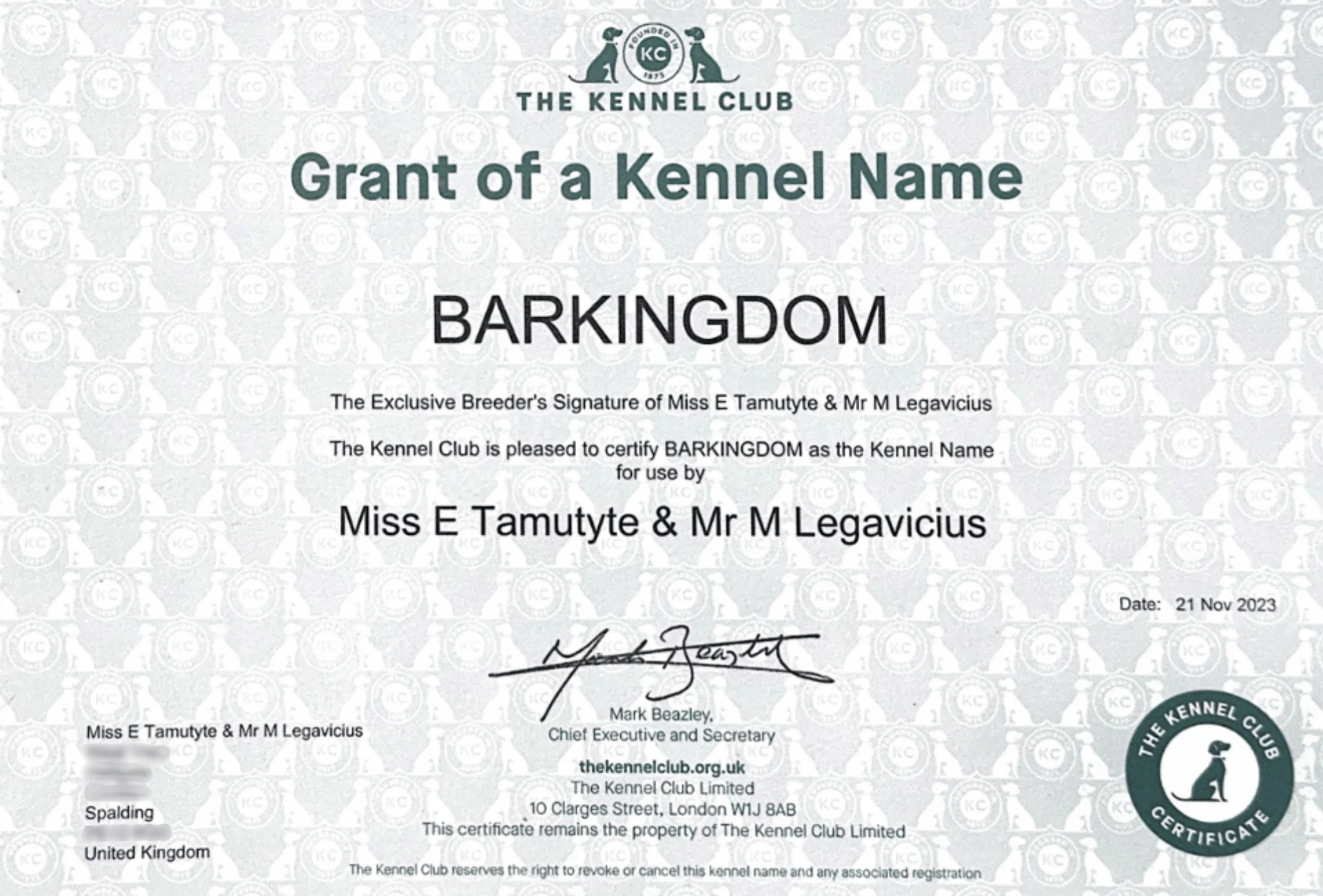 grant of a kennel name Barkingdom
